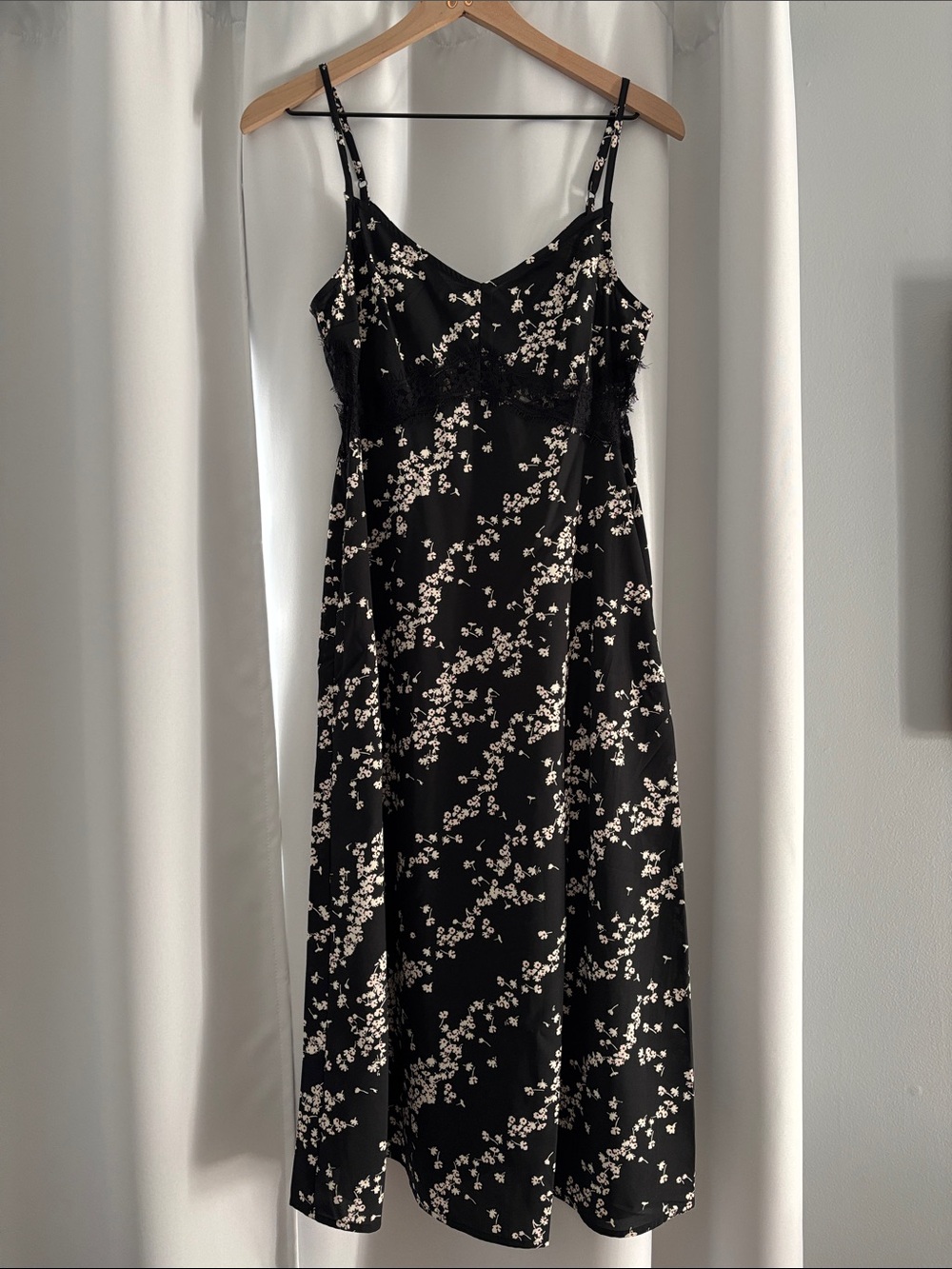 Black Floral Midi Slip Dress with White Blossom Print